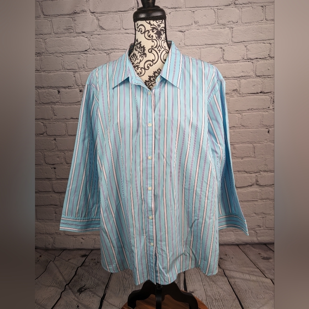 Chaps womens long sleeve striped print button front plus size 3x shirt cotton B1